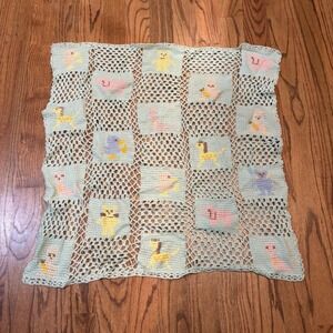 Vintage Crochet Baby‎ Crib Blanket Green Animals Bunny Bear Cat Nursery Decor